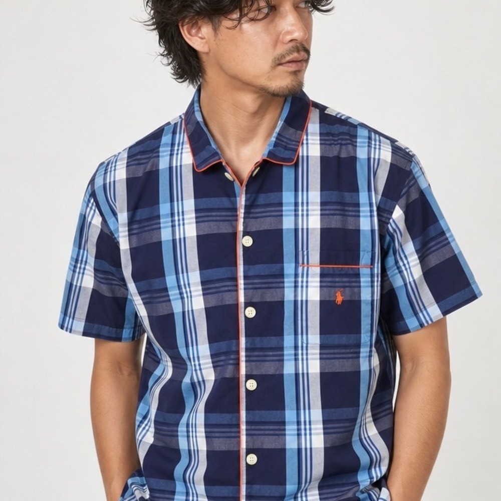 Polo Ralph Lauren Men's Plaid Short Sleeve Pajama Shirt L Blue Cotton